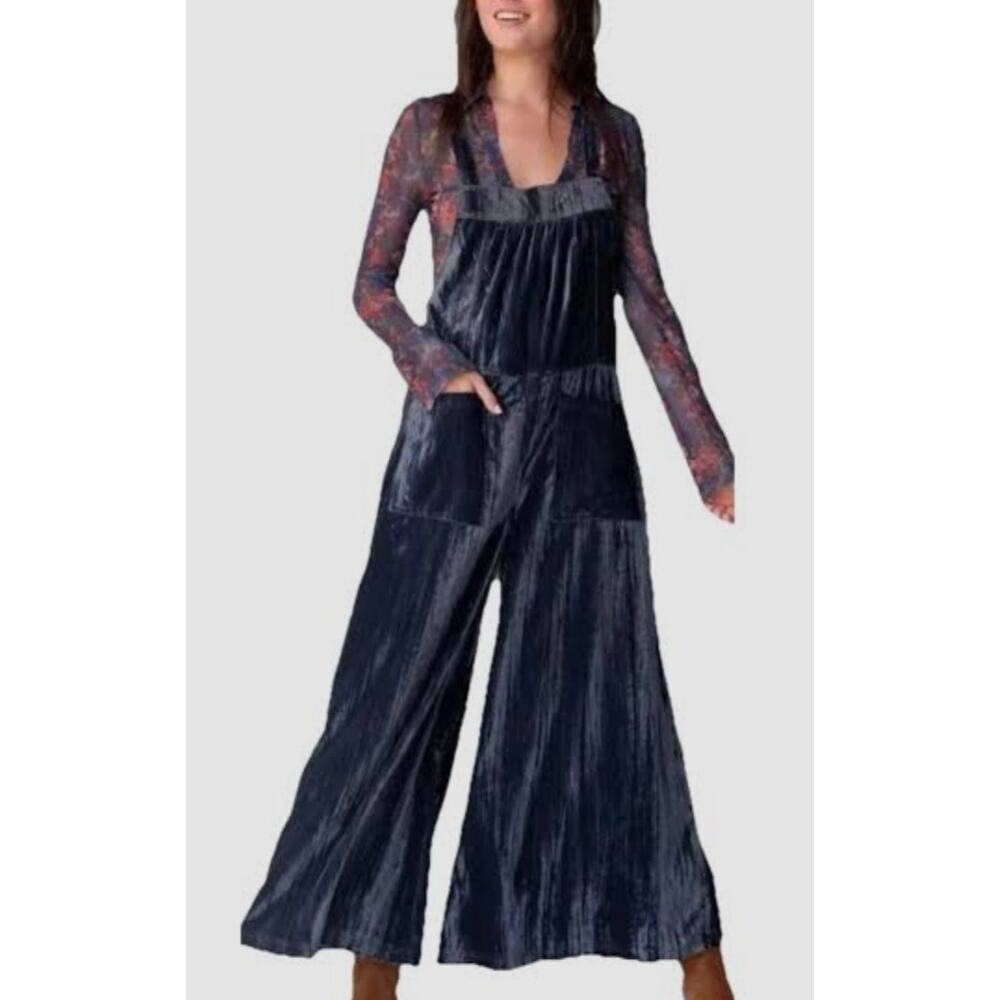 NWT Natural Life Dakota Crushed Velvet Jumpsuit Large Gray Wide Leg Boho